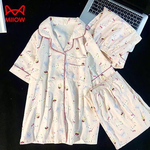 Catman (MiiOW) summer fresh cloud pure cotton yarn pajamas for women in summer short-sleeved student cute cardigan three-piece set home clothes Yunduo Cotton-9905# black love three-piece set M [Suggestion 75-100Jin [Jin equals 0.5 kg]]
