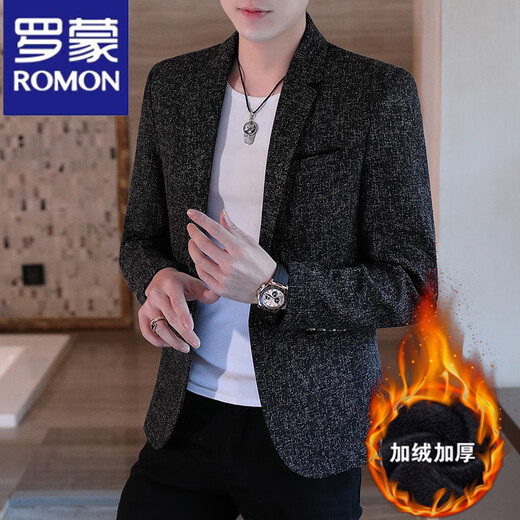 Luo Meng men's casual small suit spring, autumn and winter plus velvet Korean style slim plaid suit handsome single suit jacket trend 613 black M 85-105Jin Jin is equal to 0.5 kg