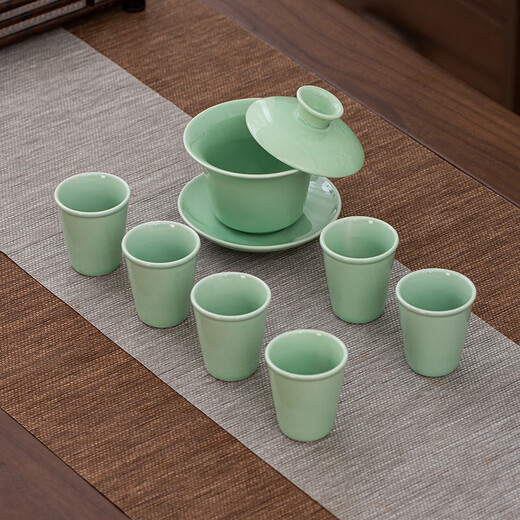 Celadon handle teapot Kung Fu tea set ceramic household simple teapot tea cup complete set Japanese style small set 7-head celadon hand holding pot flat cup