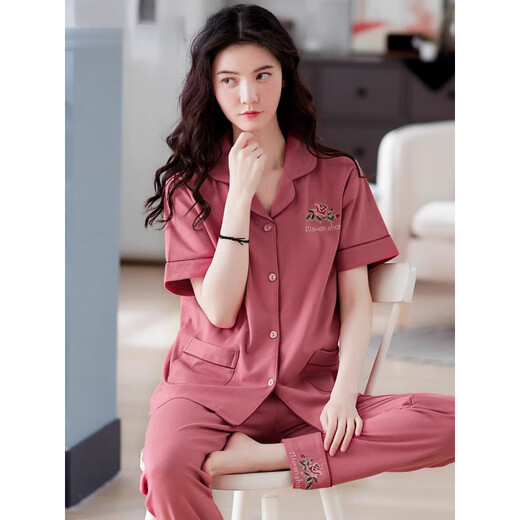 浪莎（LangSha）2025年新款睡衣女士夏季短袖长裤妈妈大码家居服夏天薄款可外穿 Q9923 XL [建议120-140斤]