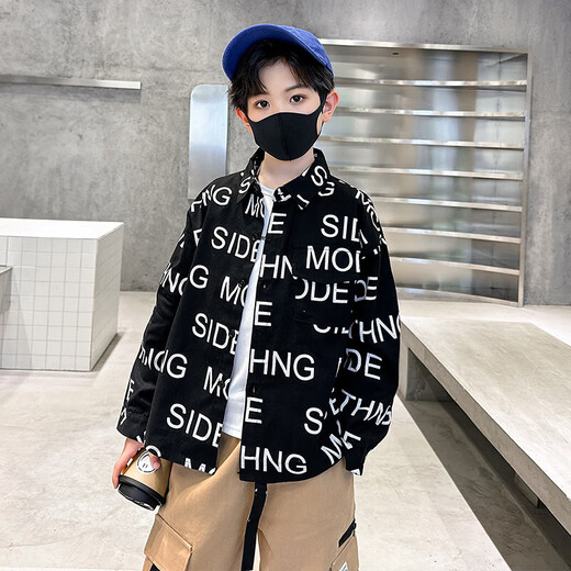 Xinyouyu 2025 new boys' shirts for spring and autumn, large children's shirts, trendy letter printed shirt tops, black 120