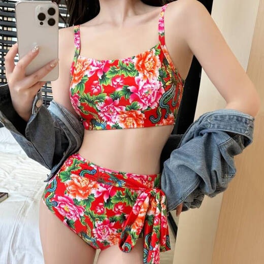 Nanbomaru Northeast large floral fabric swimsuit women's one-piece triangle slim underwear slim split sexy high-waist bikini B style one-piece swimsuit underwear M