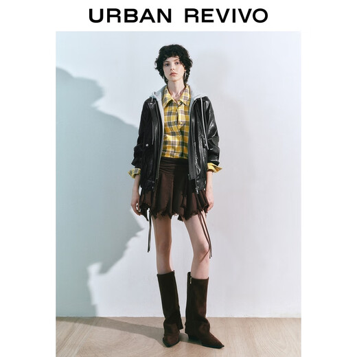 UR2025 Autumn New Women's Fashion Retro Modern Contrast Color Hooded Leather Jacket UYL150030+ Black M