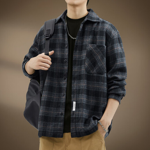 Yazhen high-end Japanese retro brushed plaid long-sleeved shirt men's spring and autumn casual loose heavyweight work shirt outer coffee color XL