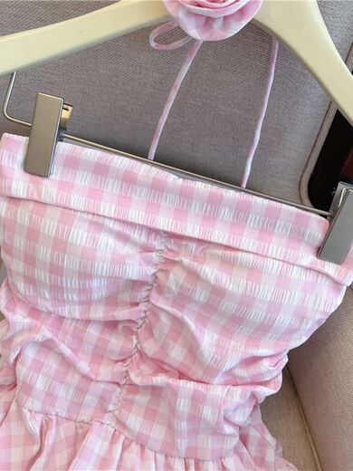 Banfishi sweet pink plaid tube top for women's summer outer wear three-dimensional flower ribbon halter neck wrap skirt small top yellow S