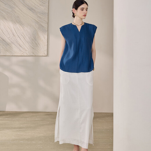 Roeyshouse French Light Are Mature Style Hochqualitätsfarbig V-Ausschnitt Shirt 2025 Sommer Neu einfaches ärmellose Top für Frauen 12356 Blau L.