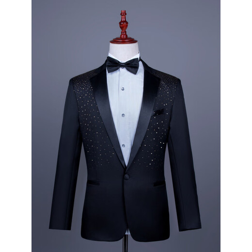 Kuosheng Men's Group Chorus Hot Loose Diamond Black and White Suit Stage Performance Singer Host Anchor Dress Performance Emcee Suit Black White Diamond-Coat + Bow Tie 3XL