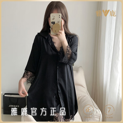 雅鹿性感冰丝睡衣女款夏季薄款V领短袖短裤开衫豹纹蕾丝睡裙家居服 YM#12357 XL 建议110-130斤