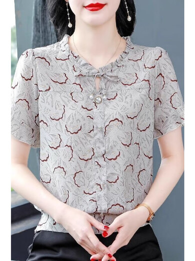 时尚印花夏装新款宽松遮肚子小衫高端洋气妈妈上衣短袖雪纺衫女士 花色 M 【建议90-100斤】
