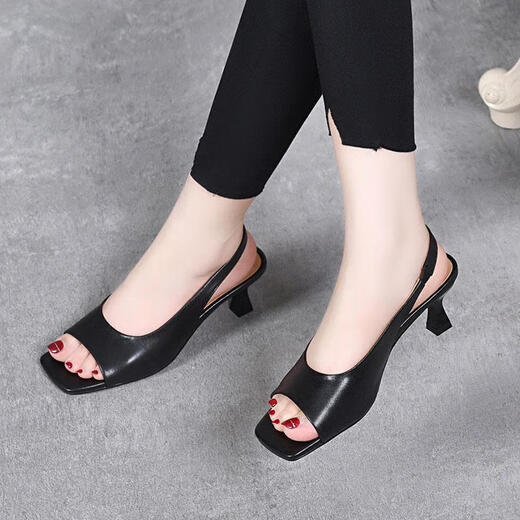 KIDS Red Dragonfly Summer New Mid-heel Square-toe Open-toe Sandals for Women Simple Little Heeled Fish Mouth Shoes Versatile Fashion Trendy Bee White 35
