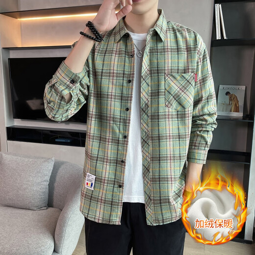 美特斯邦威（Meters Bonwe）格子休闲衬衫男士春秋季长袖衬衣韩式上衣服 K12109绿色( 加绒 M _90-110斤