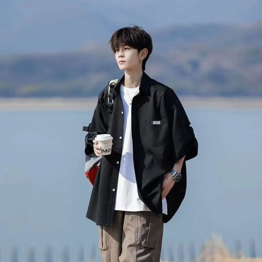 
Xingsuyao Japanese shirt men's suit summer jacket loose short-sleeved shirt one set with high-end three-piece set for boys Black shirt + short-sleeved white + jeans blue XL