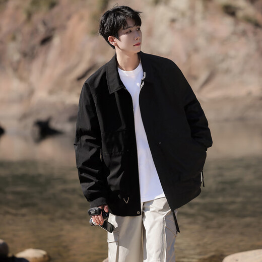 IZEXX lapel coat men's autumn Barn style trendy casual tops loose youth jacket HZ10 amber black L