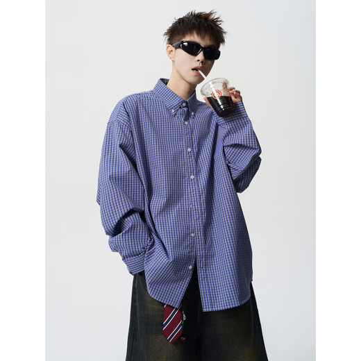 OEMG high-end blue plaid long-sleeved shirt for men in summer and autumn American lapel trendy brand casual loose jacket blue XL recommended 110-130Jin Jin equals 0.5 kg