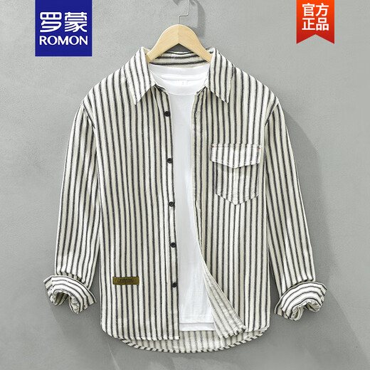 罗蒙（ROMON）长袖条纹衬衫男生休闲棉衬衣春秋季新款潮流时尚青少年牛仔外套 QQ-6623 黑色 M