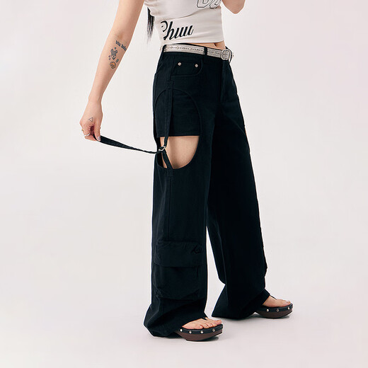 Chuu Hollow Wide-Beine-Freizeithose für Frauen 2025 Sommer Neues Produkt gefälschte zweiteilige Spleißhänge-Hänge-Taschen-Langhose Black 26