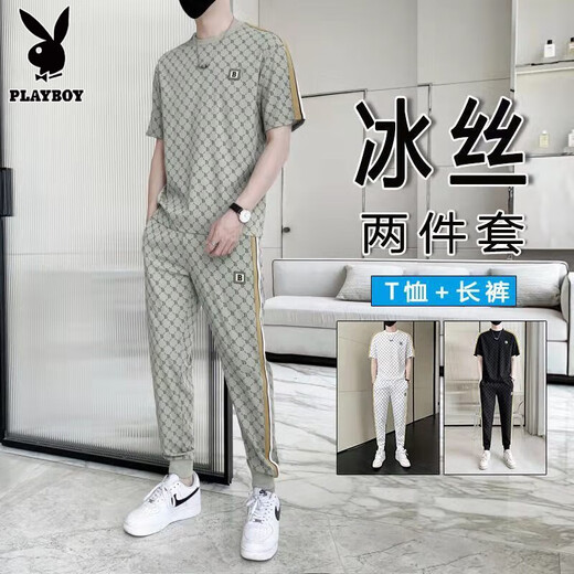 Playboy Casual Two-Tiefe Set Herren Sommereis Ice Seide Thin Sportswear Set Herren trendy T-Shirt Kurzarm Short/Hosen ein komplettes weißes Set [Kurzarm + Hosen] L (Empfohlen 115-135jin [Jin gleich 0,5 kg]))