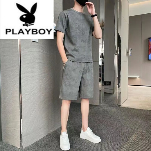 花花公子（PLAYBOY）纯棉2023新款冰丝短袖T恤套装男士休闲运动两件套男装宽松夏季潮 671灰色套装 3XL 160斤-175斤