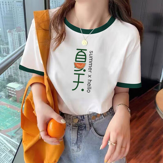 Trendy T-shirts for women's T-shirts for summer 2025 new contrasting T-shirts for women short-sleeved versatile trendy loose slimming cotton on kc693 blue collar S