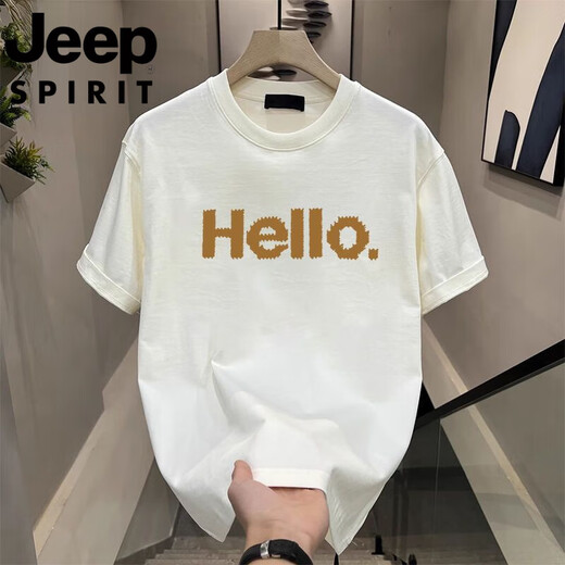 吉普（JEEP）短袖t恤男士夏季新款印花圆领宽松休闲运动吸汗透气体恤男装 723黑色【重磅纯.棉】 M 90-100斤