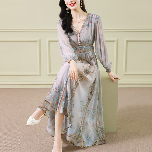 HomeSee à l'étranger Luxury Luxury Robe haut de gamme Silk Femme Femme Jupe à tempérament à la mode Mulberry Silk Retro Jupe imprimée Abricot Color S [Condevance <105] Jin [Jin est égal à 0,5 kg]