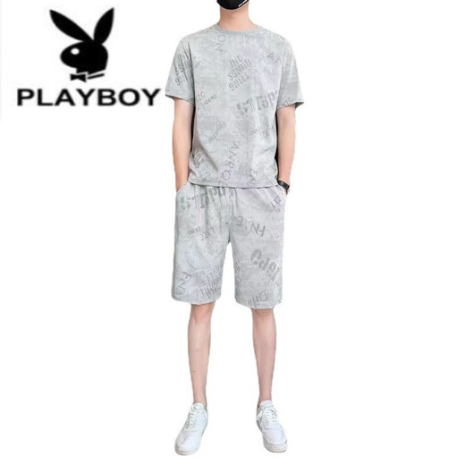 花花公子（PLAYBOY）纯棉2023新款冰丝短袖T恤套装男士休闲运动两件套男装宽松夏季潮 671灰色套装 3XL 160斤-175斤