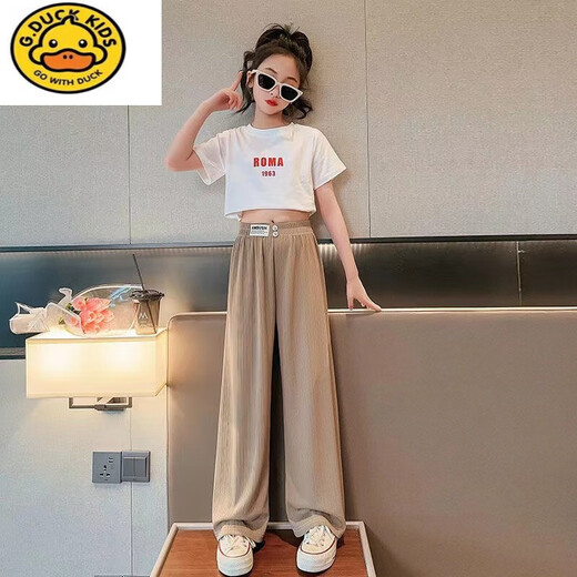 G.Duckkids Girls Straight Wide-Leg Hosen Sommer 2024 Neue Kindereis-Seidenmückenhose Dünne Hosen mittelschwerer Kinder Shake Hosen HL-1047 [Schwarz] 160 cm
