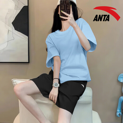 安踏（ANTA）运动套装女款宽松透气短袖短裤速干五分裤多巴胺T恤休闲显瘦 -7原木色/基础黑 M/170 适合100-120斤