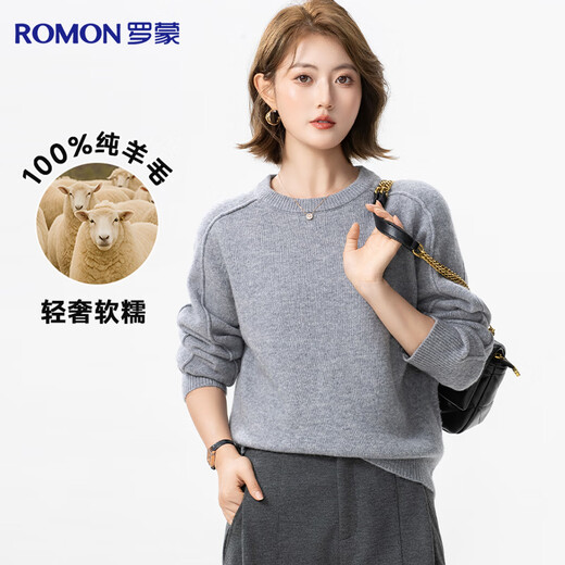 罗蒙【100%绵羊毛】纯羊毛衫女士秋冬厚款圆领宽松打底衫红色套头毛衣