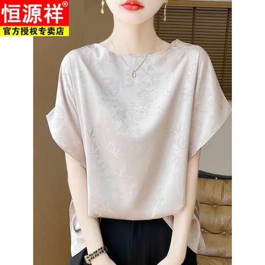 Hengyuan Xiang Xiangyun Sha Satin Kurzarm T-Shirt Damen runden Hals losen Fledermaushülseneis Ice Seiden Top Bambus Jacquard Lazy Style Hemd Champagner Farbe L (geeignet für 110-130jin [Jin gleich 0,5 kg])