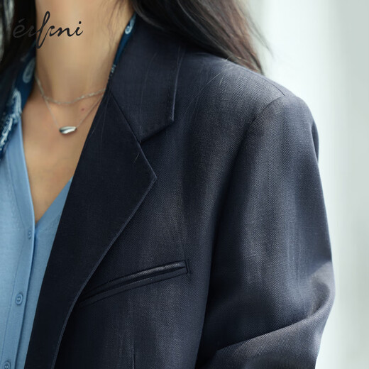 Eveli Tencel and linen blended herringbone design loose silhouette suit jacket for women 2025 autumn new style dark navy S