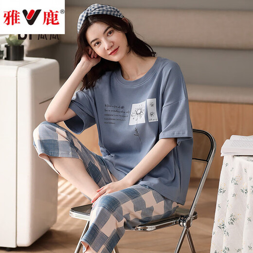 雅鹿2025年新款睡衣女夏季纯.棉短袖两件套夏天家居服 YZ9848黑条纹 M 女款 建议80-100斤