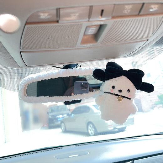 
CLCEY new cute car rearview mirror cover creative car interior reversing mirror decoration set for women car seat belt shoulder pad cover SpongeBob SquarePants rearview mirror cover white