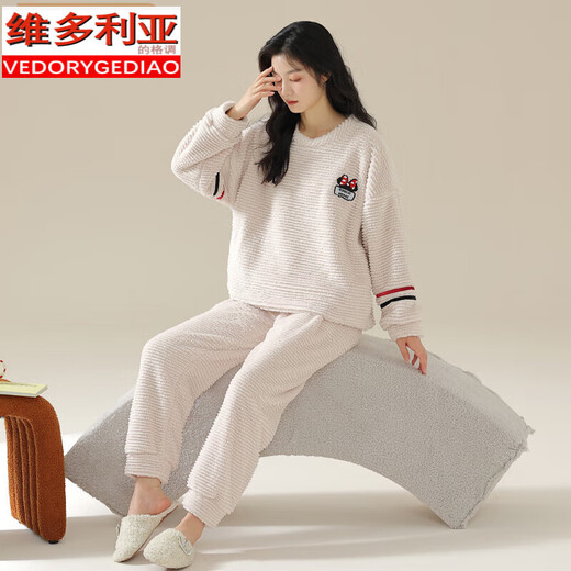 维多利亚的格调睡衣女冬季加绒加厚珊瑚绒2024可外穿秋冬保暖提花绒家居服套装 Q6621 XL