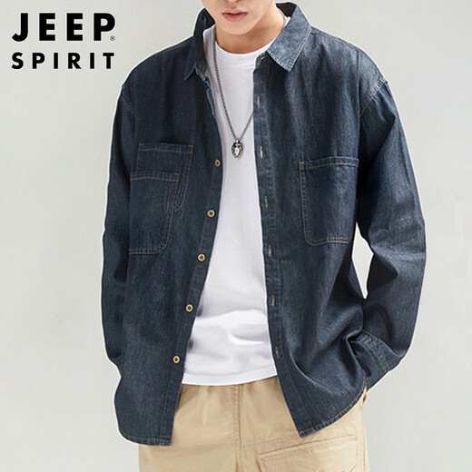 JEEP SPIRIT Jeep denim shirt men's autumn and winter American workwear retro jacket men's long-sleeved shirt men's dark blue XL