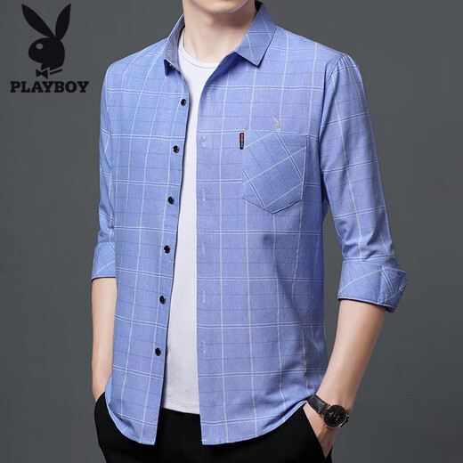花花公子（PLAYBOY）纯棉长袖衬衫男2025春秋真口袋中年男装格子宽松大码衬衣 6626灰色【春秋】 薄款 M 165建议100-115斤