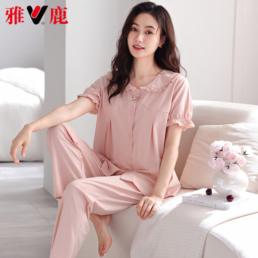 雅鹿高档新款睡衣女士夏季带胸垫一体纯棉短袖长裤家居服春秋薄款套装 LSF-693嫩绿 M 160体重85-105斤