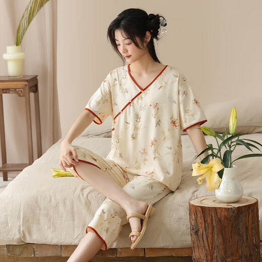 Chinese style element series round neck pullover light short-sleeved cropped pants elegant and elegant home clothes YZT-9901 women YZT-9913 women XL