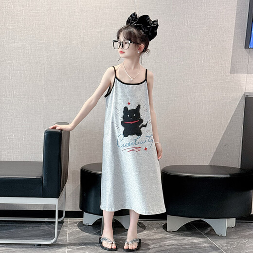 MOKITOUL女童纯棉睡裙夏季2025新款儿童女孩大童超好看家居服甜美吊带睡衣 灰色 110cm 均码