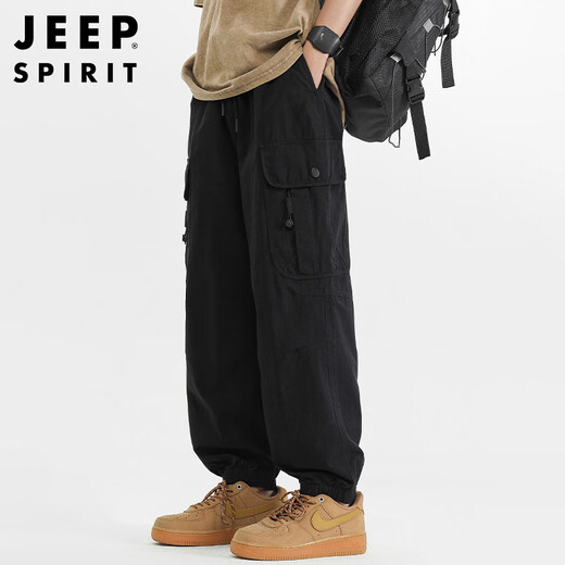JEEP SPIRIT Jeep pure cotton overalls men's 2025 autumn and winter American casual pants men's pants black XL