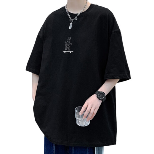叮噜鱼宽松男士短袖重磅T恤男夏季港风上衣服凉感透气青少年五分半袖男t 3899粉红 M (约120-140斤可穿)