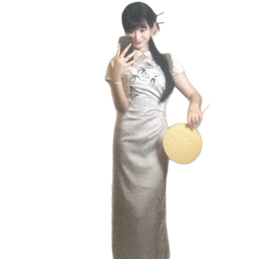 Zhenxiqi New Chinese Bamboo Cheongsam Skirt Stand Collar Slim Fashionable Waist Mid-Length Jacquard Improved Young Style Daily Wear Light Gray L
