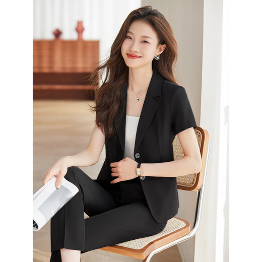 璐依雅涵酒店前台接待工作服黑色短袖西装套装工装薄款气质职业正装 A9928一粒扣黑色西装+裙子 S