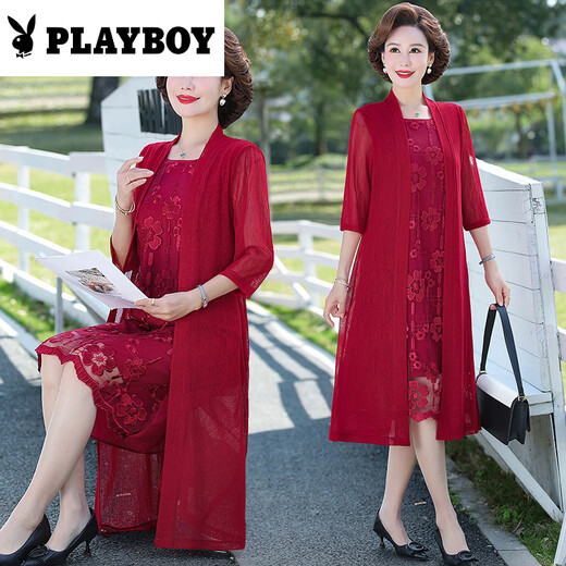 花花公子（PLAYBOY）香云纱中老年女装夏季新款连衣裙妈妈装遮肉显瘦洋气假两件裙子 绿色 9227款裙 2XL 建议105-118斤