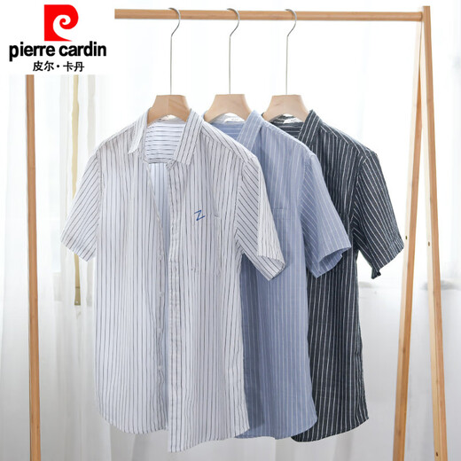 Pierre cardin men's striped short-sleeved shirt summer loose thin clothes cotton embroidered casual versatile shirt summer clothing new product 9738 black stripes M 100Jin [Jin equals 0.5 kg]