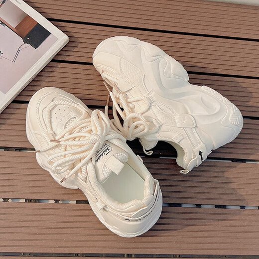 Red Dragonfly Daddy Shoes for Women 2025 Spring and Summer Thick Sole Heightening Sneakers for Women Niches and Versatile Casual Shoes Small White Shoes FB9905-1 Beige 38