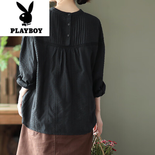 Playboy (PLAYBOY) 2025 Spring and Autumn New Style Literary Accordion Pleated Sweet Lady Hollow Long Sleeve Shirt Pullover Shirt Women's Top Trendy White All Size