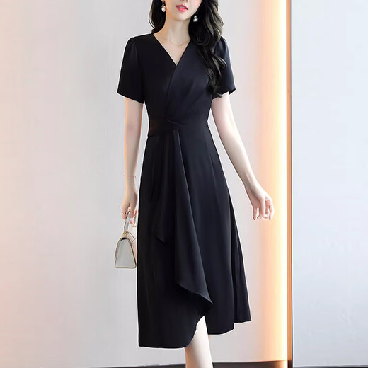 
XAE luxury high-end brand short-sleeved dress for women 2025 summer new V-neck temperament solid color versatile slim skirt beige L [Suggested 105-115Jin [Jin equals 0.5 kg]]