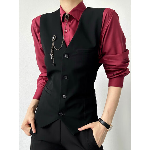 炯野JIONGYE黑色西服马甲设计感学院风痞帅男女中性风修身背心西服马夹潮 黑色西装马甲 S