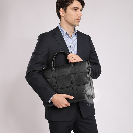 Walker Shop men's briefcase [selected first layer cowhide] 2025 new large-capacity briefcase business handbag black (height 28*width 38*thickness 7cm) 14 inches